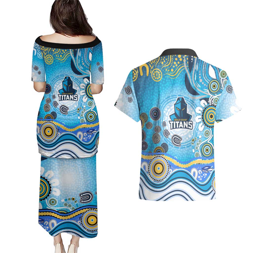 Gold Coast Titans Rugby Couples Matching Puletasi and Hawaiian Shirt Australian Aboriginal Dot Painting Style