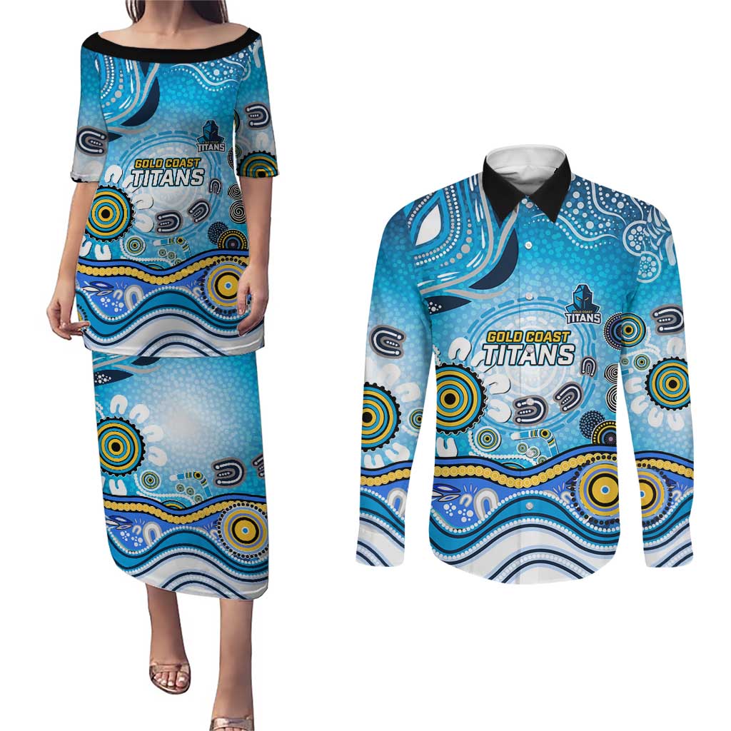 Gold Coast Titans Rugby Couples Matching Puletasi and Long Sleeve Button Shirt Australian Aboriginal Dot Painting Style