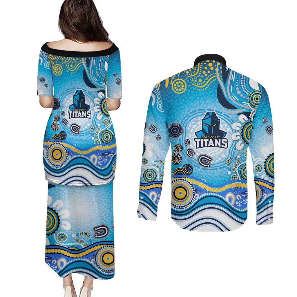 Gold Coast Titans Rugby Couples Matching Puletasi and Long Sleeve Button Shirt Australian Aboriginal Dot Painting Style