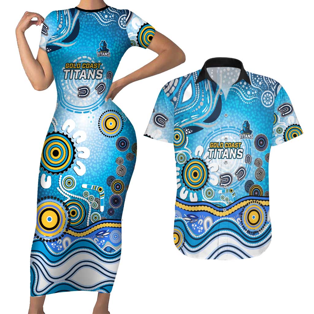 Gold Coast Titans Rugby Couples Matching Short Sleeve Bodycon Dress and Hawaiian Shirt Australian Aboriginal Dot Painting Style