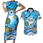 Gold Coast Titans Rugby Couples Matching Short Sleeve Bodycon Dress and Hawaiian Shirt Australian Aboriginal Dot Painting Style