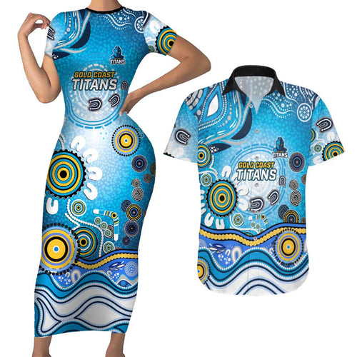 Gold Coast Titans Rugby Couples Matching Short Sleeve Bodycon Dress and Hawaiian Shirt Australian Aboriginal Dot Painting Style