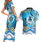 Gold Coast Titans Rugby Couples Matching Short Sleeve Bodycon Dress and Hawaiian Shirt Australian Aboriginal Dot Painting Style