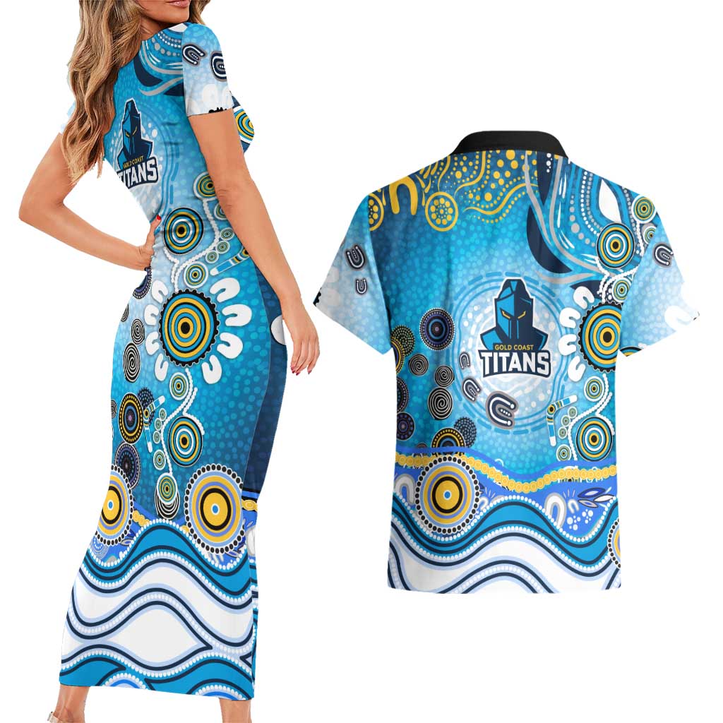 Gold Coast Titans Rugby Couples Matching Short Sleeve Bodycon Dress and Hawaiian Shirt Australian Aboriginal Dot Painting Style