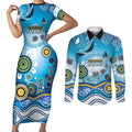 Gold Coast Titans Rugby Couples Matching Short Sleeve Bodycon Dress and Long Sleeve Button Shirt Australian Aboriginal Dot Painting Style