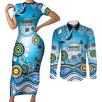 Gold Coast Titans Rugby Couples Matching Short Sleeve Bodycon Dress and Long Sleeve Button Shirt Australian Aboriginal Dot Painting Style