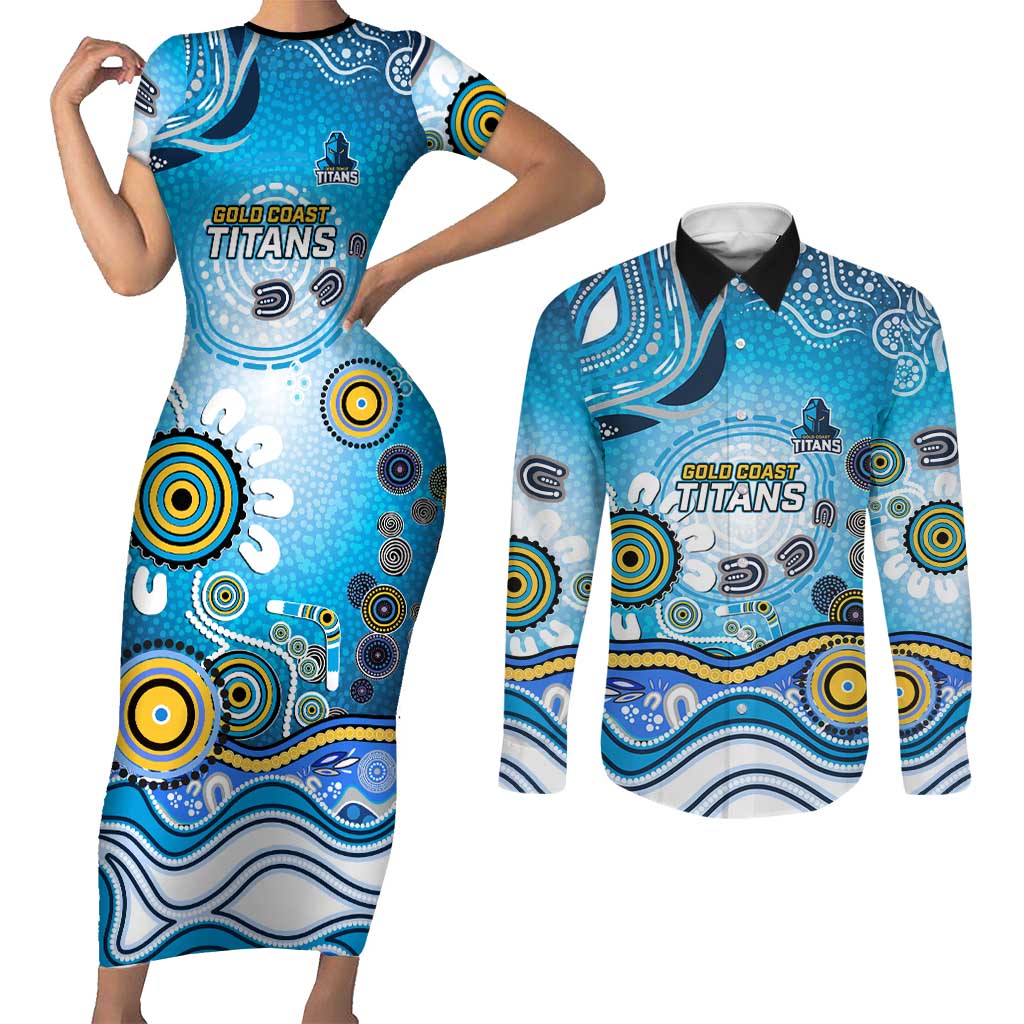 Gold Coast Titans Rugby Couples Matching Short Sleeve Bodycon Dress and Long Sleeve Button Shirt Australian Aboriginal Dot Painting Style