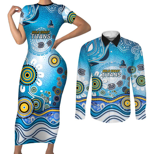 Gold Coast Titans Rugby Couples Matching Short Sleeve Bodycon Dress and Long Sleeve Button Shirt Australian Aboriginal Dot Painting Style