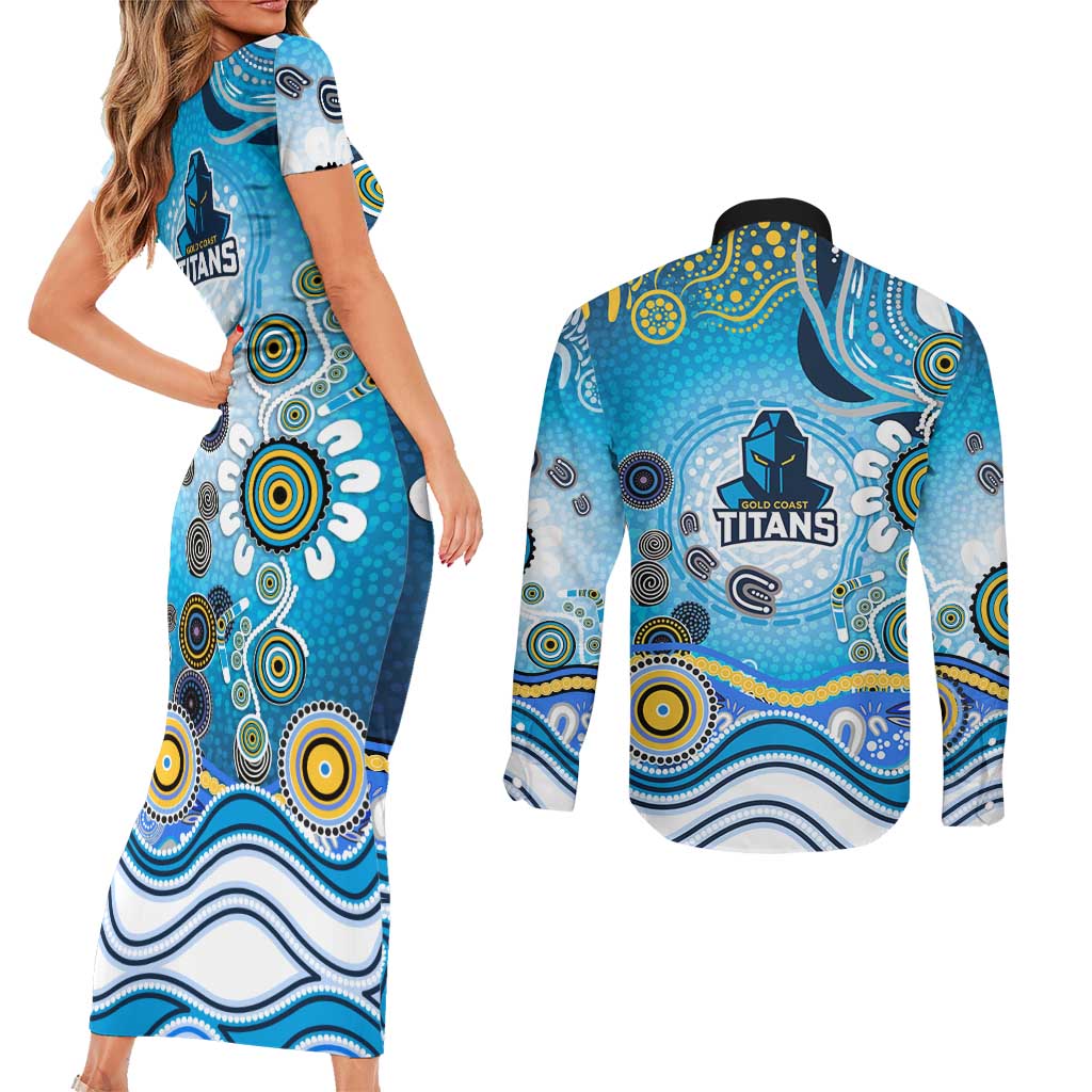 Gold Coast Titans Rugby Couples Matching Short Sleeve Bodycon Dress and Long Sleeve Button Shirt Australian Aboriginal Dot Painting Style