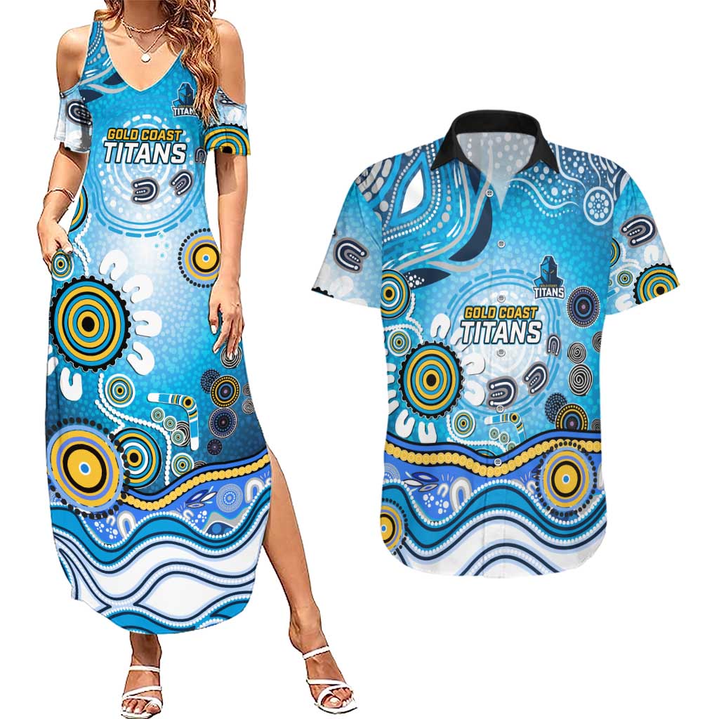 Gold Coast Titans Rugby Couples Matching Summer Maxi Dress and Hawaiian Shirt Australian Aboriginal Dot Painting Style