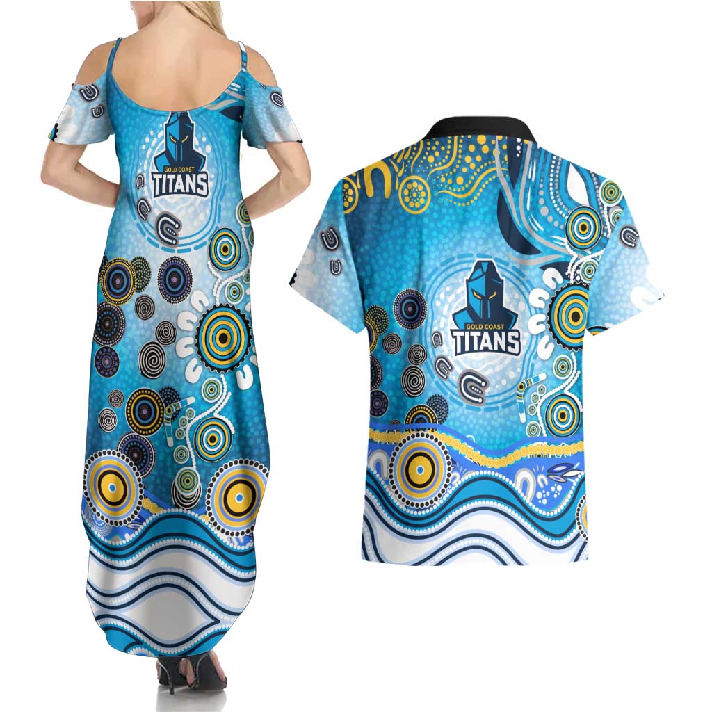 Gold Coast Titans Rugby Couples Matching Summer Maxi Dress and Hawaiian Shirt Australian Aboriginal Dot Painting Style