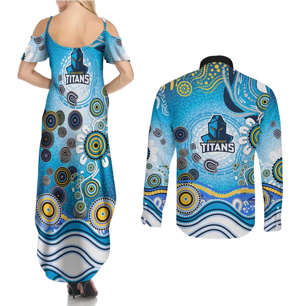 Gold Coast Titans Rugby Couples Matching Summer Maxi Dress and Long Sleeve Button Shirt Australian Aboriginal Dot Painting Style
