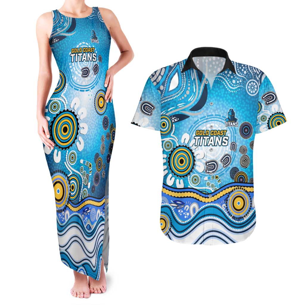 Gold Coast Titans Rugby Couples Matching Tank Maxi Dress and Hawaiian Shirt Australian Aboriginal Dot Painting Style