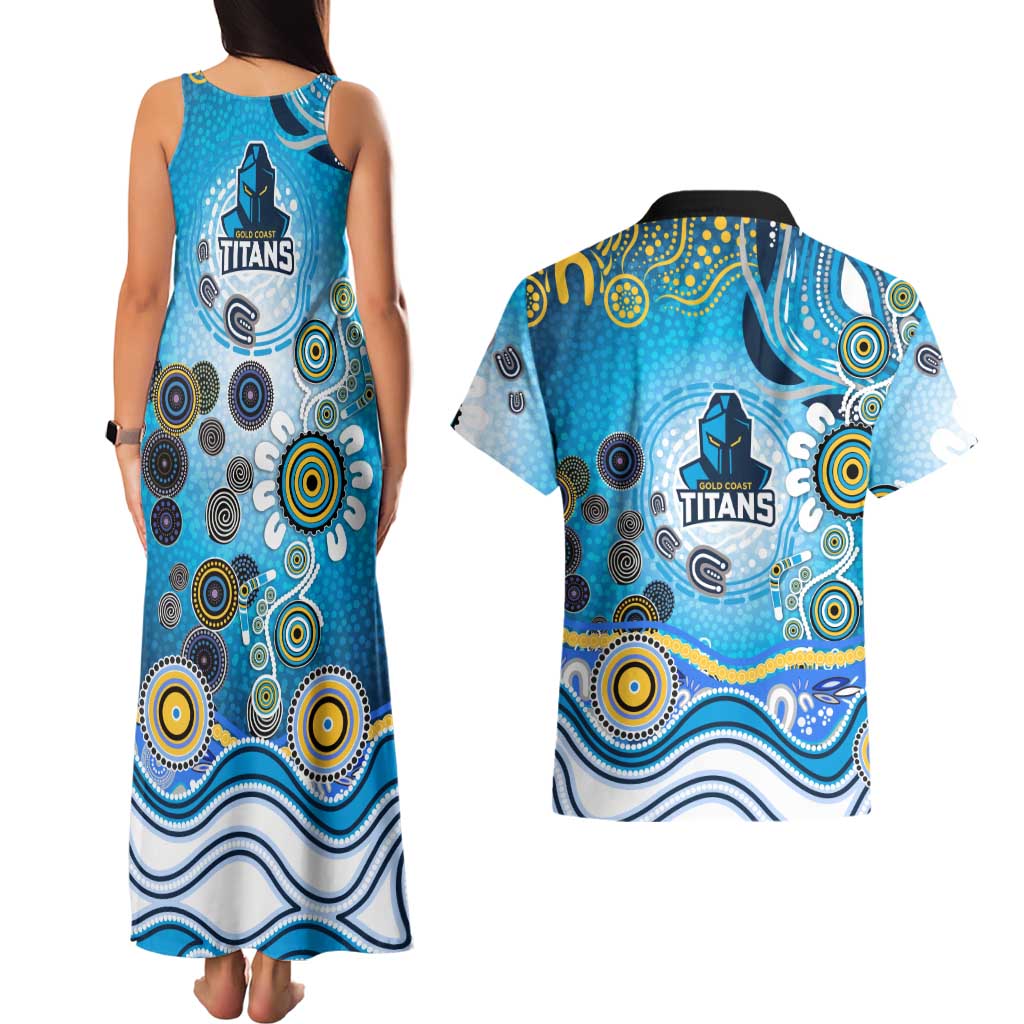 Gold Coast Titans Rugby Couples Matching Tank Maxi Dress and Hawaiian Shirt Australian Aboriginal Dot Painting Style