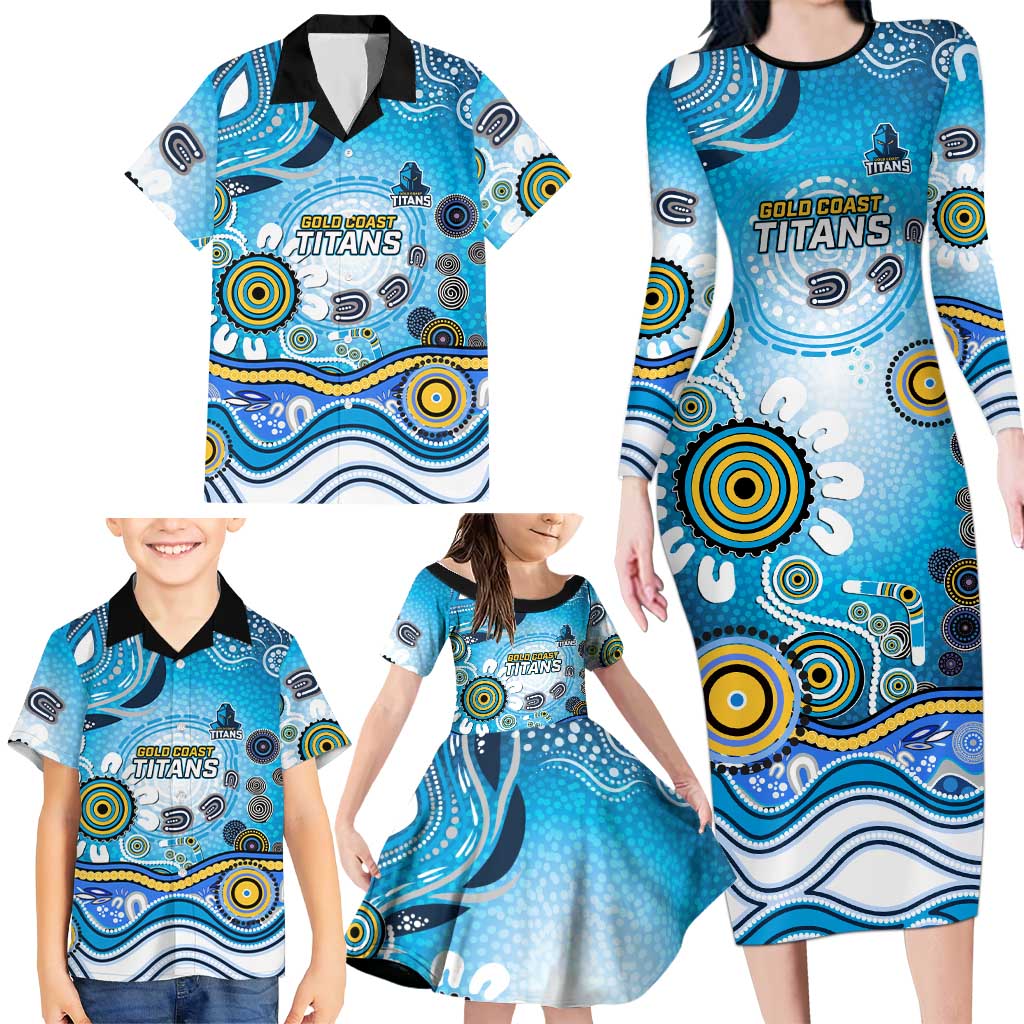 Gold Coast Titans Rugby Family Matching Long Sleeve Bodycon Dress and Hawaiian Shirt Australian Aboriginal Dot Painting Style