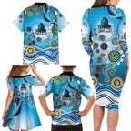 Gold Coast Titans Rugby Family Matching Long Sleeve Bodycon Dress and Hawaiian Shirt Australian Aboriginal Dot Painting Style