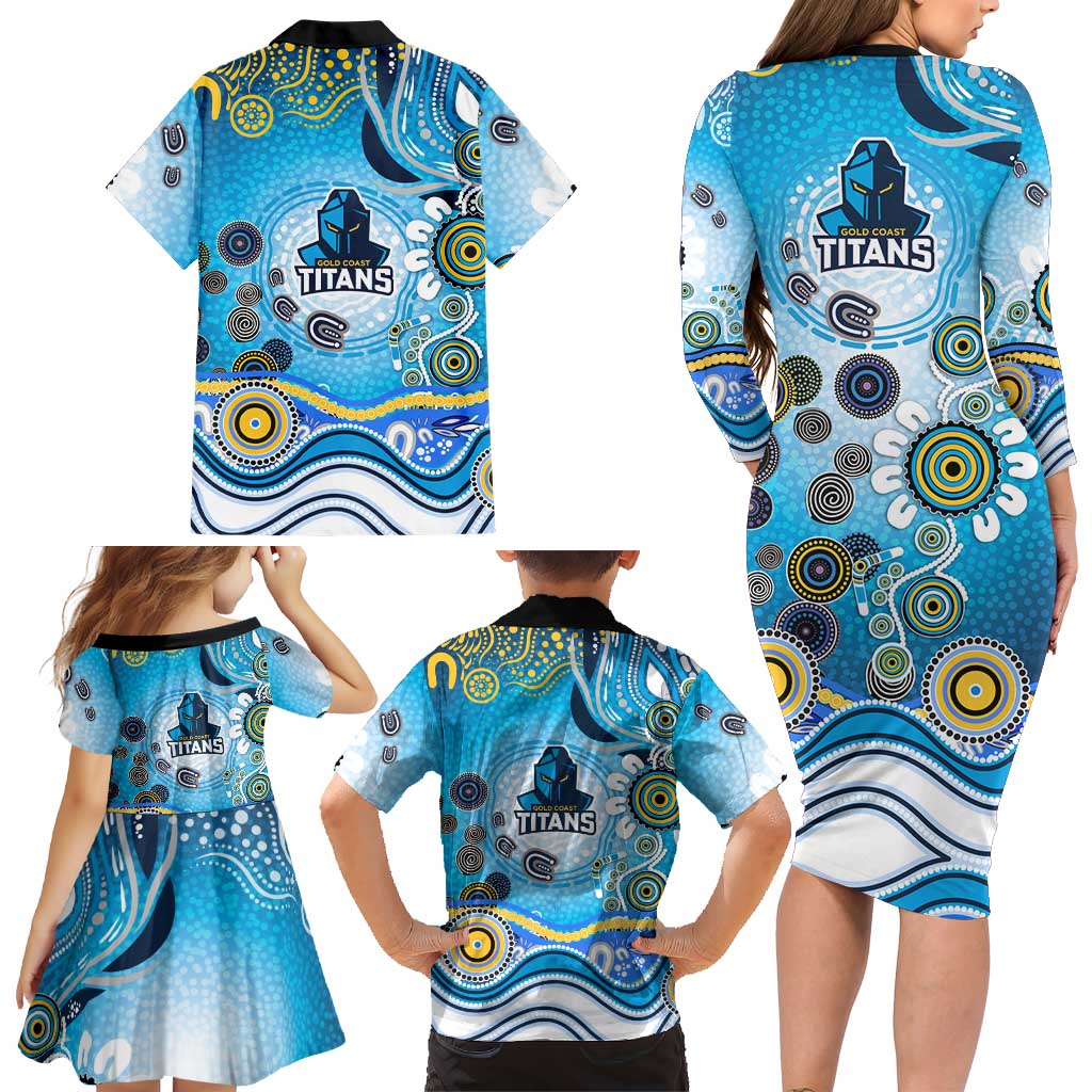 Gold Coast Titans Rugby Family Matching Long Sleeve Bodycon Dress and Hawaiian Shirt Australian Aboriginal Dot Painting Style
