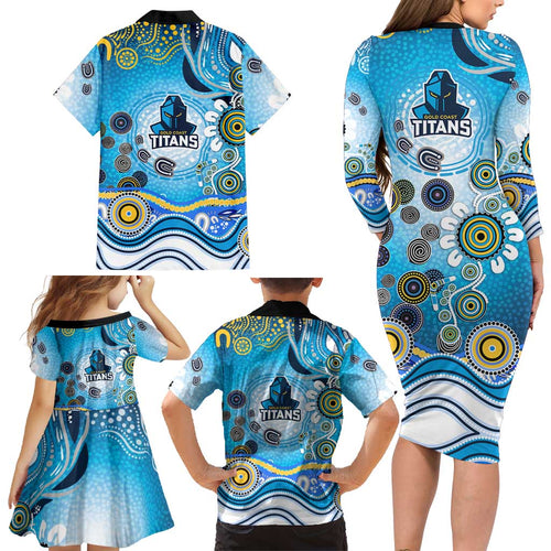 Gold Coast Titans Rugby Family Matching Long Sleeve Bodycon Dress and Hawaiian Shirt Australian Aboriginal Dot Painting Style