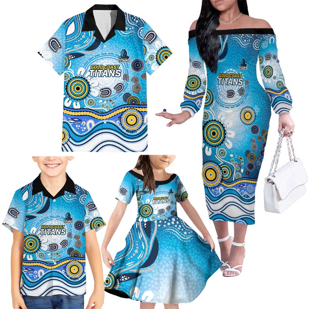 Gold Coast Titans Rugby Family Matching Off The Shoulder Long Sleeve Dress and Hawaiian Shirt Australian Aboriginal Dot Painting Style