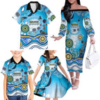 Gold Coast Titans Rugby Family Matching Off The Shoulder Long Sleeve Dress and Hawaiian Shirt Australian Aboriginal Dot Painting Style