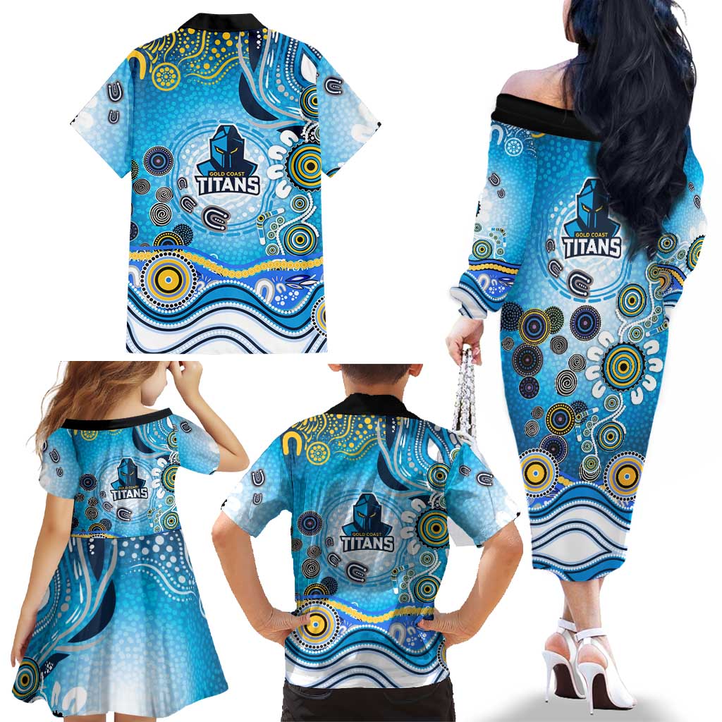 Gold Coast Titans Rugby Family Matching Off The Shoulder Long Sleeve Dress and Hawaiian Shirt Australian Aboriginal Dot Painting Style