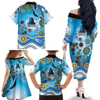 Gold Coast Titans Rugby Family Matching Off The Shoulder Long Sleeve Dress and Hawaiian Shirt Australian Aboriginal Dot Painting Style