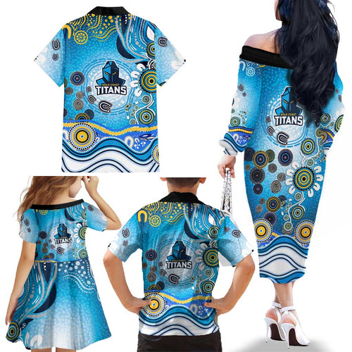 Gold Coast Titans Rugby Family Matching Off The Shoulder Long Sleeve Dress and Hawaiian Shirt Australian Aboriginal Dot Painting Style