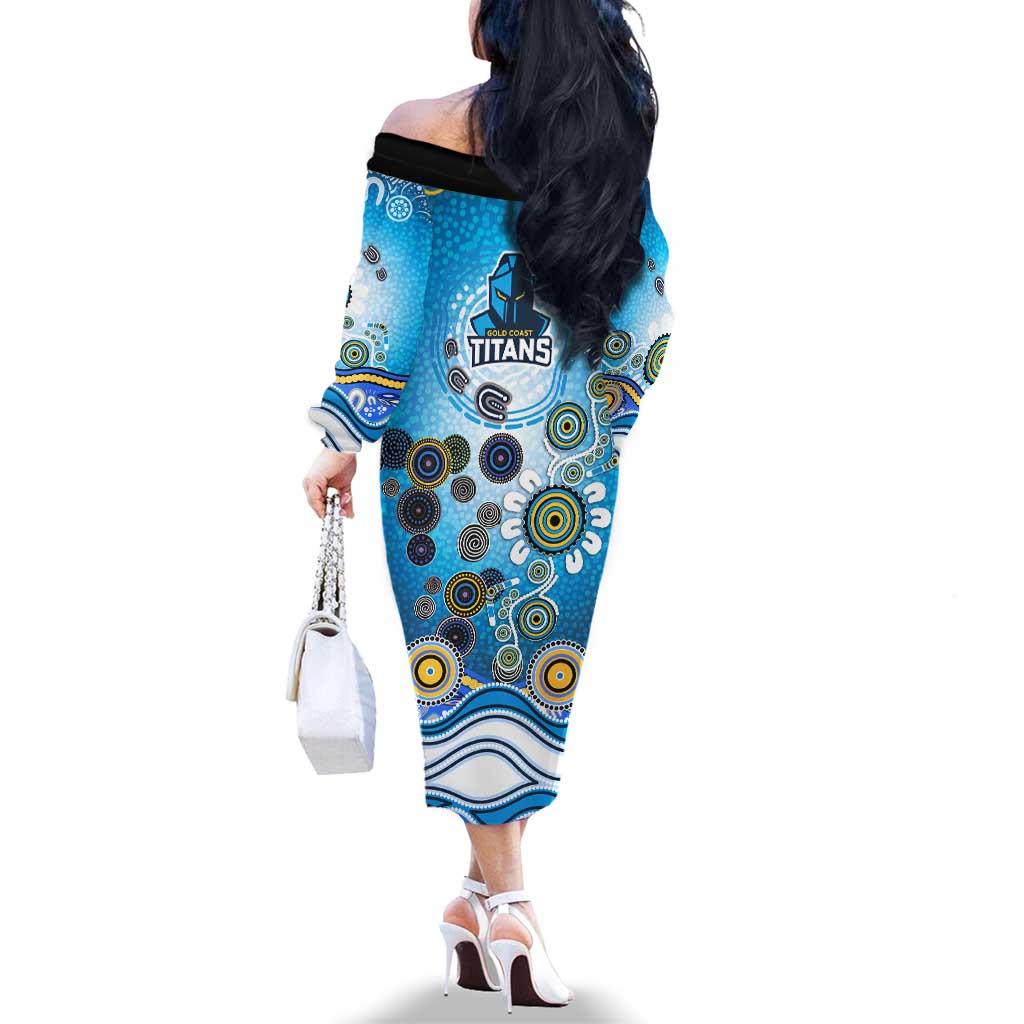 Gold Coast Titans Rugby Family Matching Off The Shoulder Long Sleeve Dress and Hawaiian Shirt Australian Aboriginal Dot Painting Style