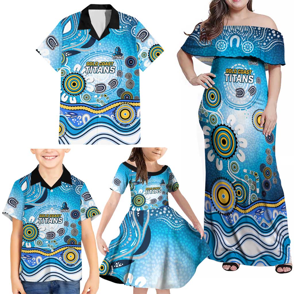 Gold Coast Titans Rugby Family Matching Off Shoulder Maxi Dress and Hawaiian Shirt Australian Aboriginal Dot Painting Style