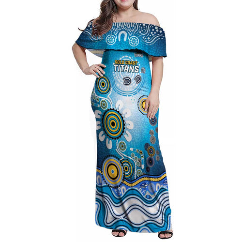 Gold Coast Titans Rugby Family Matching Off Shoulder Maxi Dress and Hawaiian Shirt Australian Aboriginal Dot Painting Style