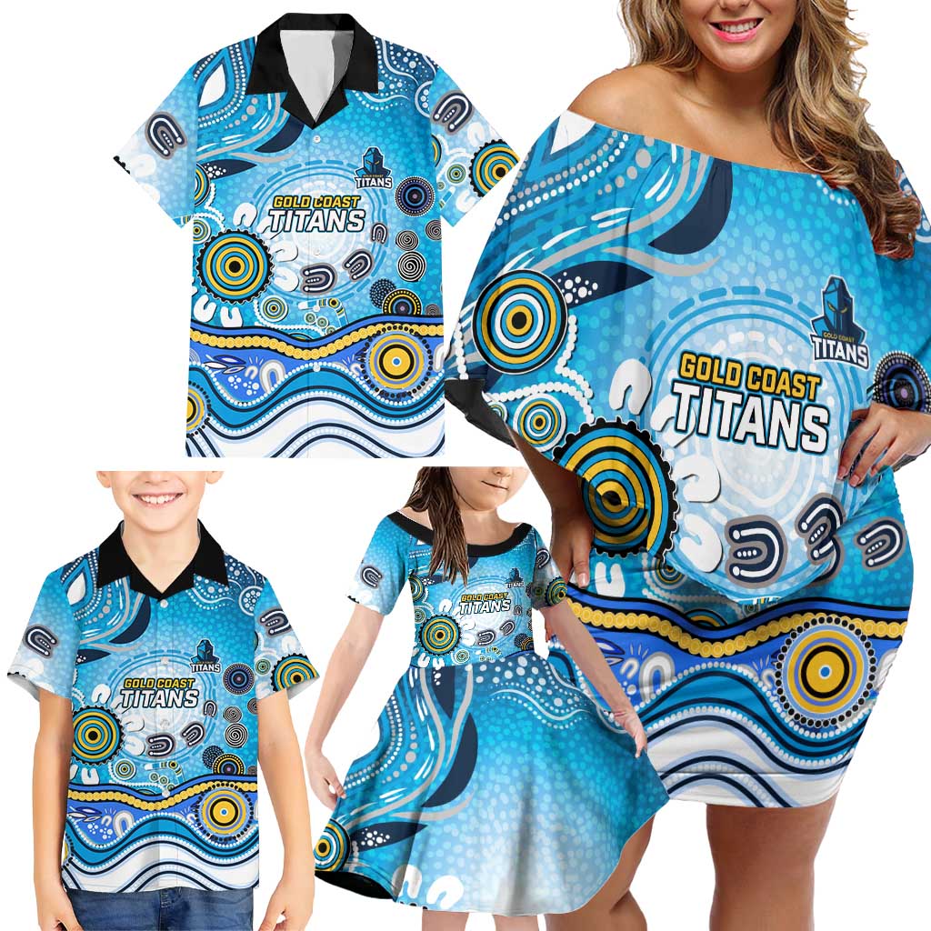 Gold Coast Titans Rugby Family Matching Off Shoulder Short Dress and Hawaiian Shirt Australian Aboriginal Dot Painting Style