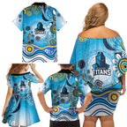 Gold Coast Titans Rugby Family Matching Off Shoulder Short Dress and Hawaiian Shirt Australian Aboriginal Dot Painting Style