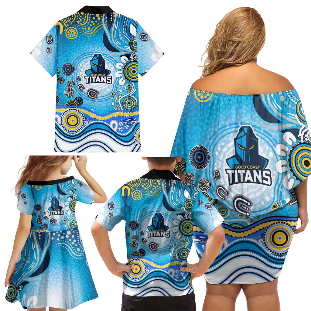 Gold Coast Titans Rugby Family Matching Off Shoulder Short Dress and Hawaiian Shirt Australian Aboriginal Dot Painting Style