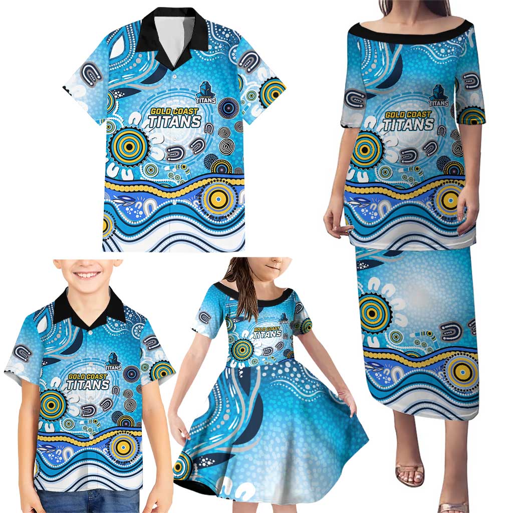 Gold Coast Titans Rugby Family Matching Puletasi and Hawaiian Shirt Australian Aboriginal Dot Painting Style
