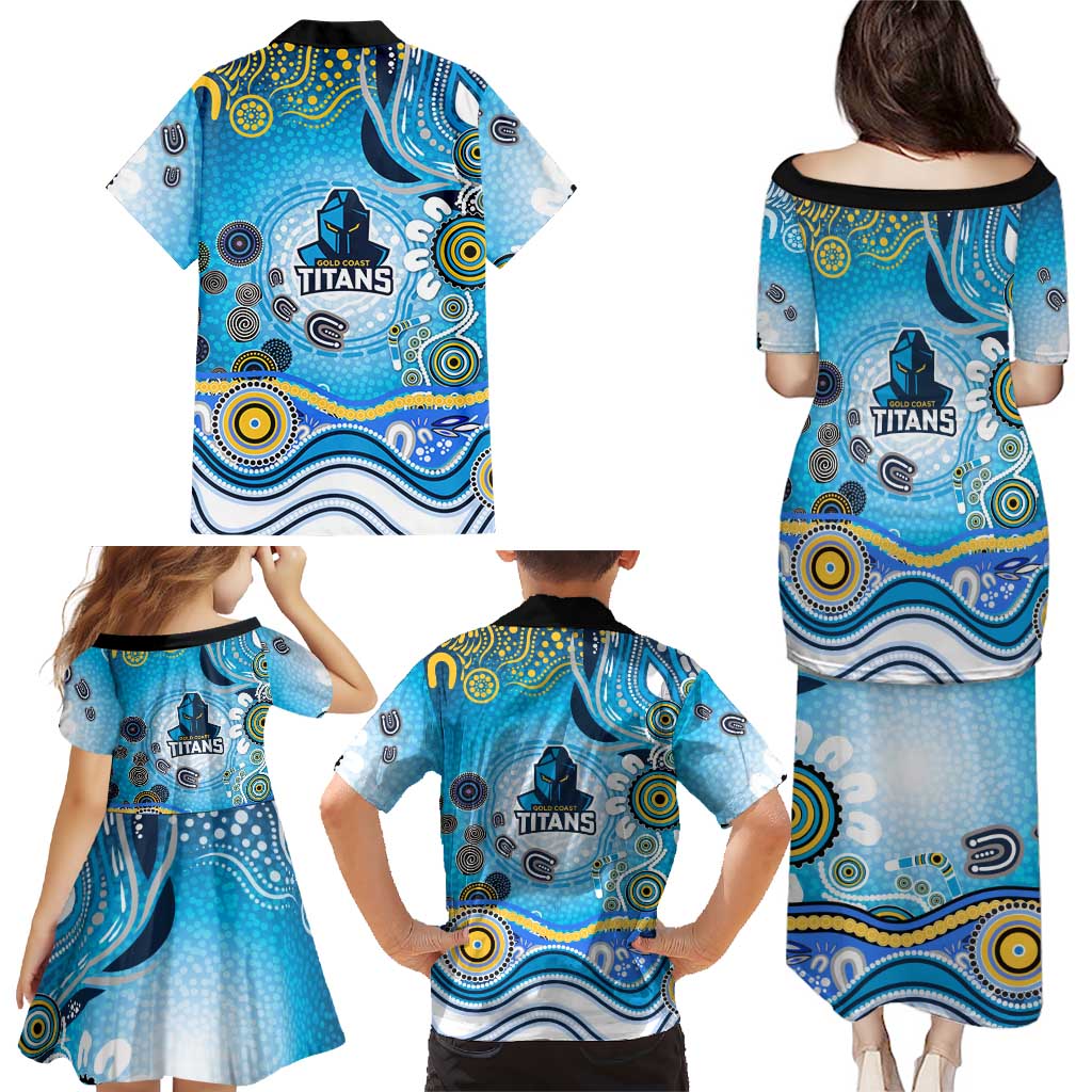 Gold Coast Titans Rugby Family Matching Puletasi and Hawaiian Shirt Australian Aboriginal Dot Painting Style