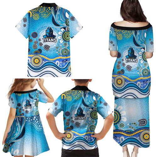 Gold Coast Titans Rugby Family Matching Puletasi and Hawaiian Shirt Australian Aboriginal Dot Painting Style