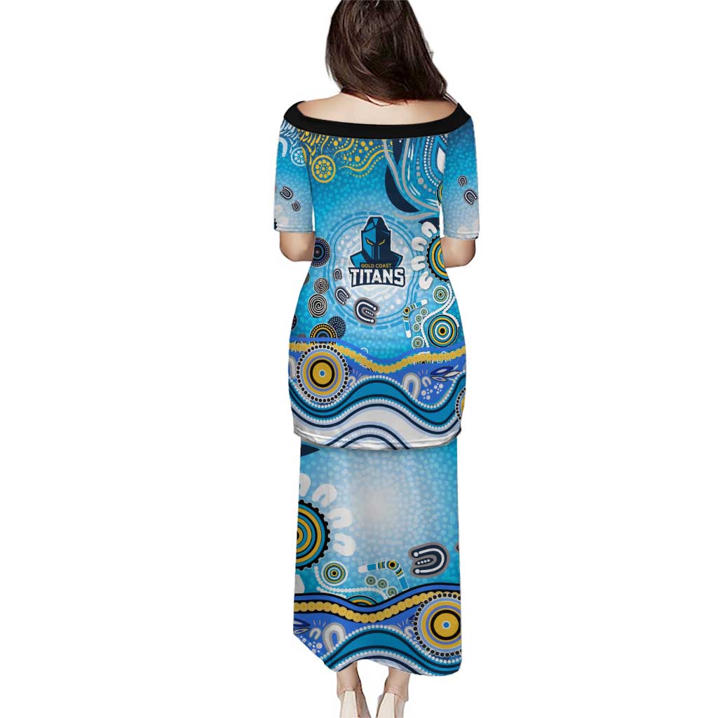 Gold Coast Titans Rugby Family Matching Puletasi and Hawaiian Shirt Australian Aboriginal Dot Painting Style