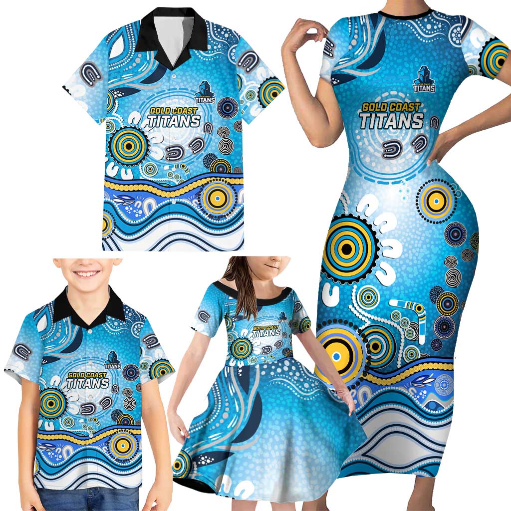 Gold Coast Titans Rugby Family Matching Short Sleeve Bodycon Dress and Hawaiian Shirt Australian Aboriginal Dot Painting Style