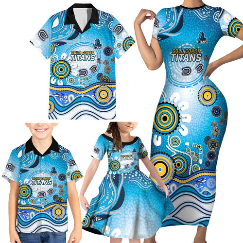 Gold Coast Titans Rugby Family Matching Short Sleeve Bodycon Dress and Hawaiian Shirt Australian Aboriginal Dot Painting Style