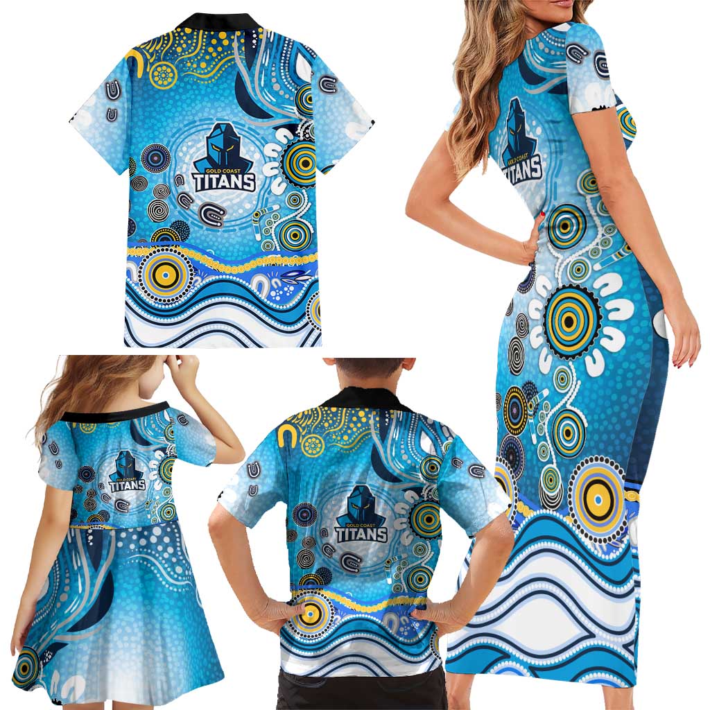 Gold Coast Titans Rugby Family Matching Short Sleeve Bodycon Dress and Hawaiian Shirt Australian Aboriginal Dot Painting Style
