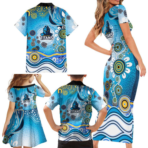 Gold Coast Titans Rugby Family Matching Short Sleeve Bodycon Dress and Hawaiian Shirt Australian Aboriginal Dot Painting Style