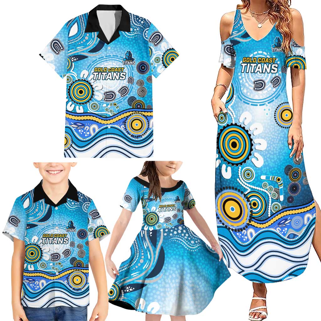 Gold Coast Titans Rugby Family Matching Summer Maxi Dress and Hawaiian Shirt Australian Aboriginal Dot Painting Style