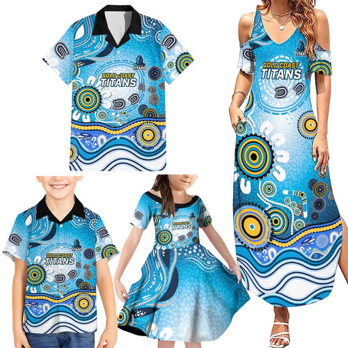 Gold Coast Titans Rugby Family Matching Summer Maxi Dress and Hawaiian Shirt Australian Aboriginal Dot Painting Style