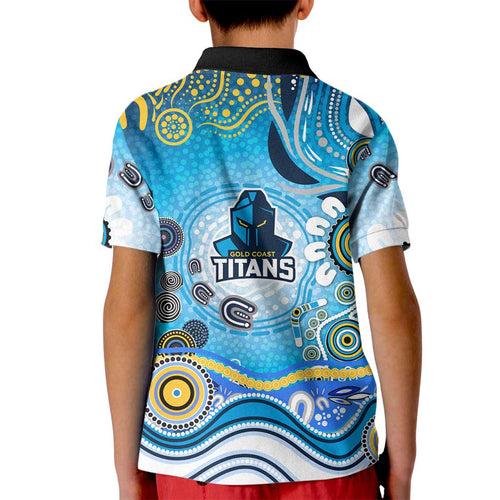 Gold Coast Titans Rugby Kid Polo Shirt Australian Aboriginal Dot Painting Style