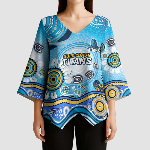Gold Coast Titans Rugby Kimono Sleeve Blouse Australian Aboriginal Dot Painting Style