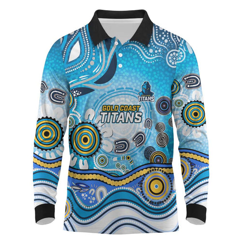 Gold Coast Titans Rugby Long Sleeve Polo Shirt Australian Aboriginal Dot Painting Style