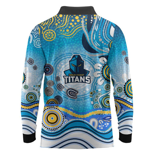 Gold Coast Titans Rugby Long Sleeve Polo Shirt Australian Aboriginal Dot Painting Style