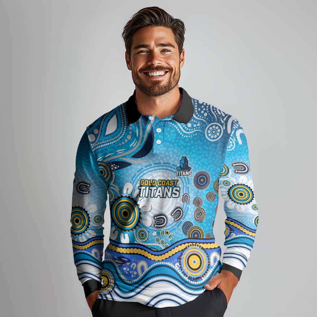 Gold Coast Titans Rugby Long Sleeve Polo Shirt Australian Aboriginal Dot Painting Style