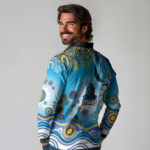 Gold Coast Titans Rugby Long Sleeve Polo Shirt Australian Aboriginal Dot Painting Style
