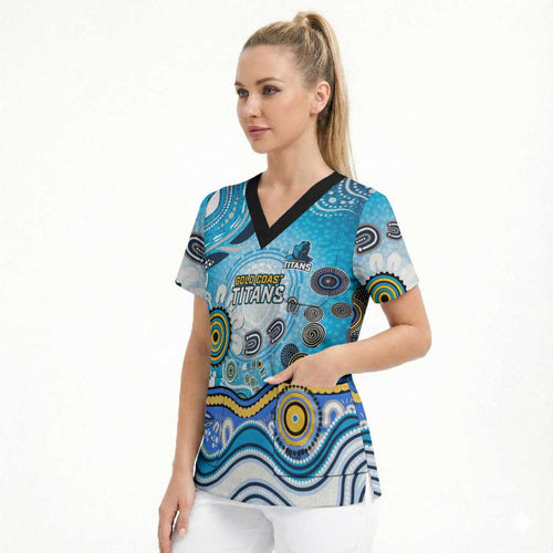 Gold Coast Titans Rugby Scrub Top Australian Aboriginal Dot Painting Style